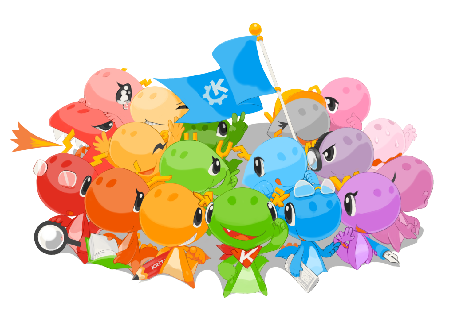 Image of dragons in different colors representing the diverse and inclusive KDE community