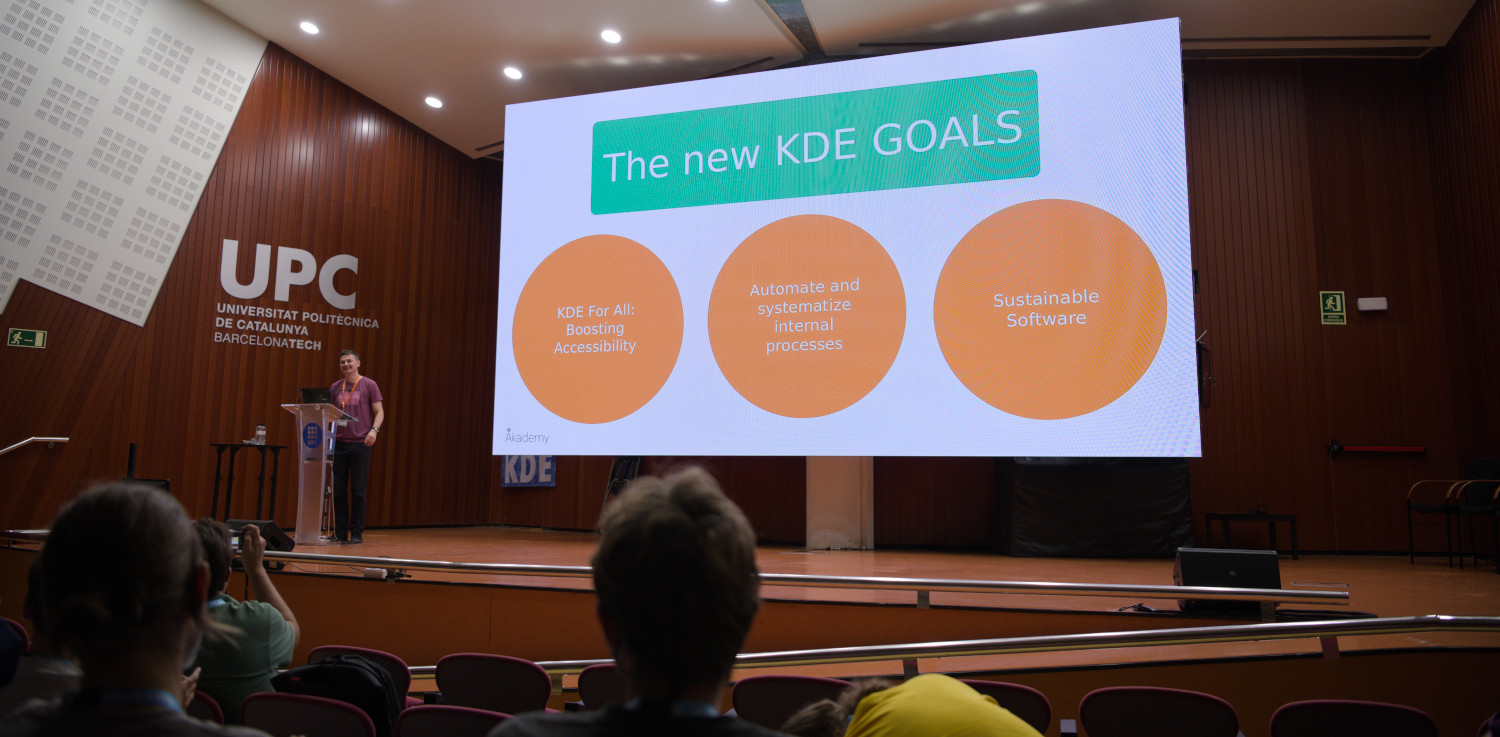 Adam Szopa on stage presenting the New Goals at Akademy 2022