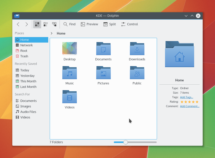 Dolphin coa súa nova aparencia, agora baseado na versión 5 das infraestruturas de KDE